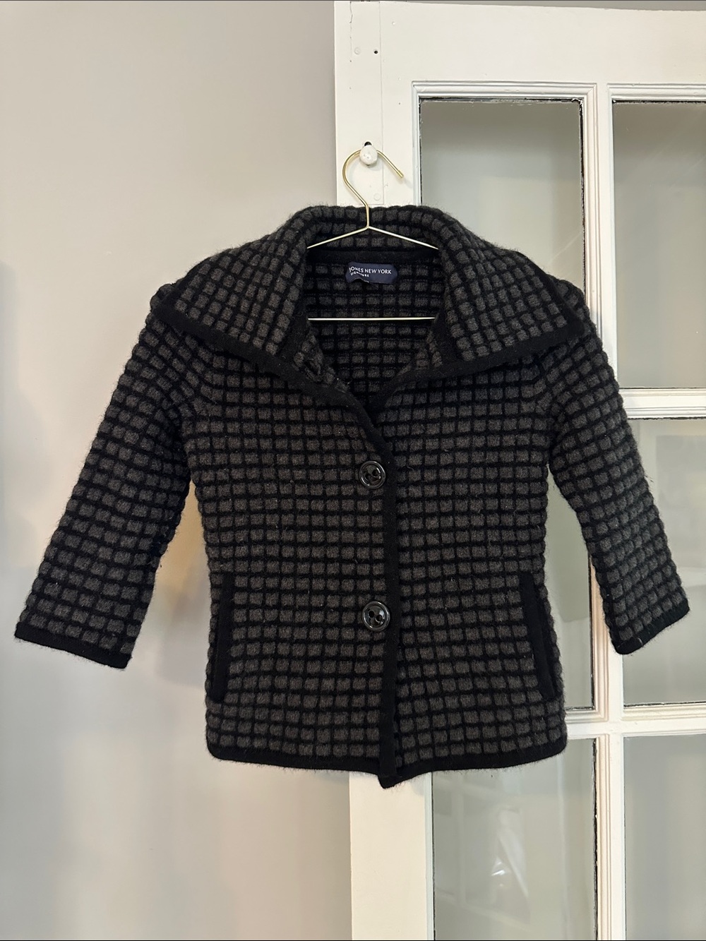 Vintage Jones New York Black and Gray Checkered Wool Pea Coat